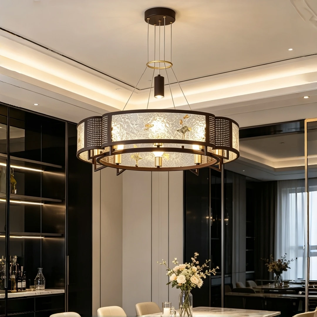 New Chinese Circular Ring Chandelier Retro Lotus Dragonfly Pattern Ceiling Pendant Light for Dining Room Living Room Home Decor