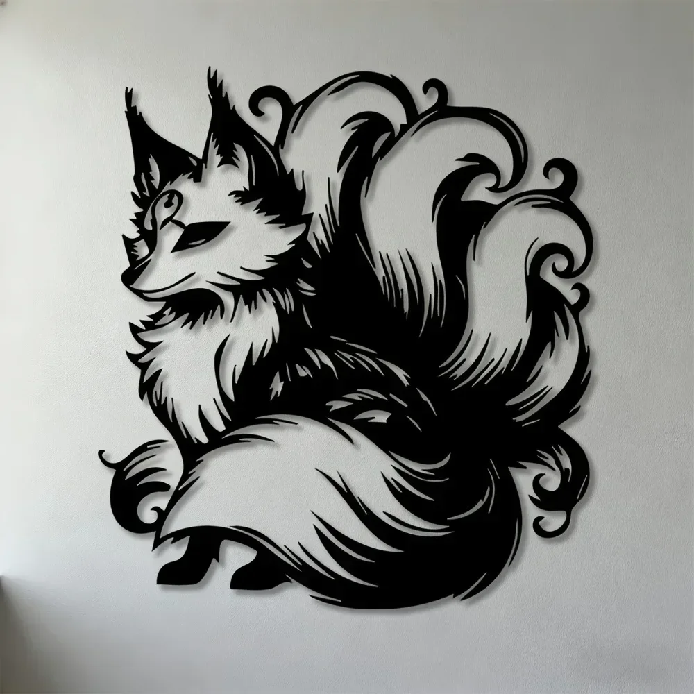 2D Nine-Tailed Fox Metal Wall Art, Art Deco Iron Sculpture Home Decor Living Room