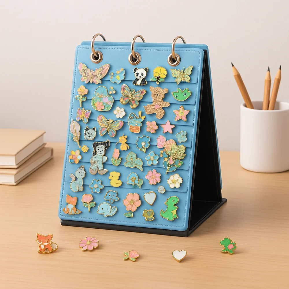 

Portable Felt Pin Display Stand Flip Top Large Capacity Shoe Charm Holder 3-Ring Foldable Pin Storage Binder Jewelry Organizer