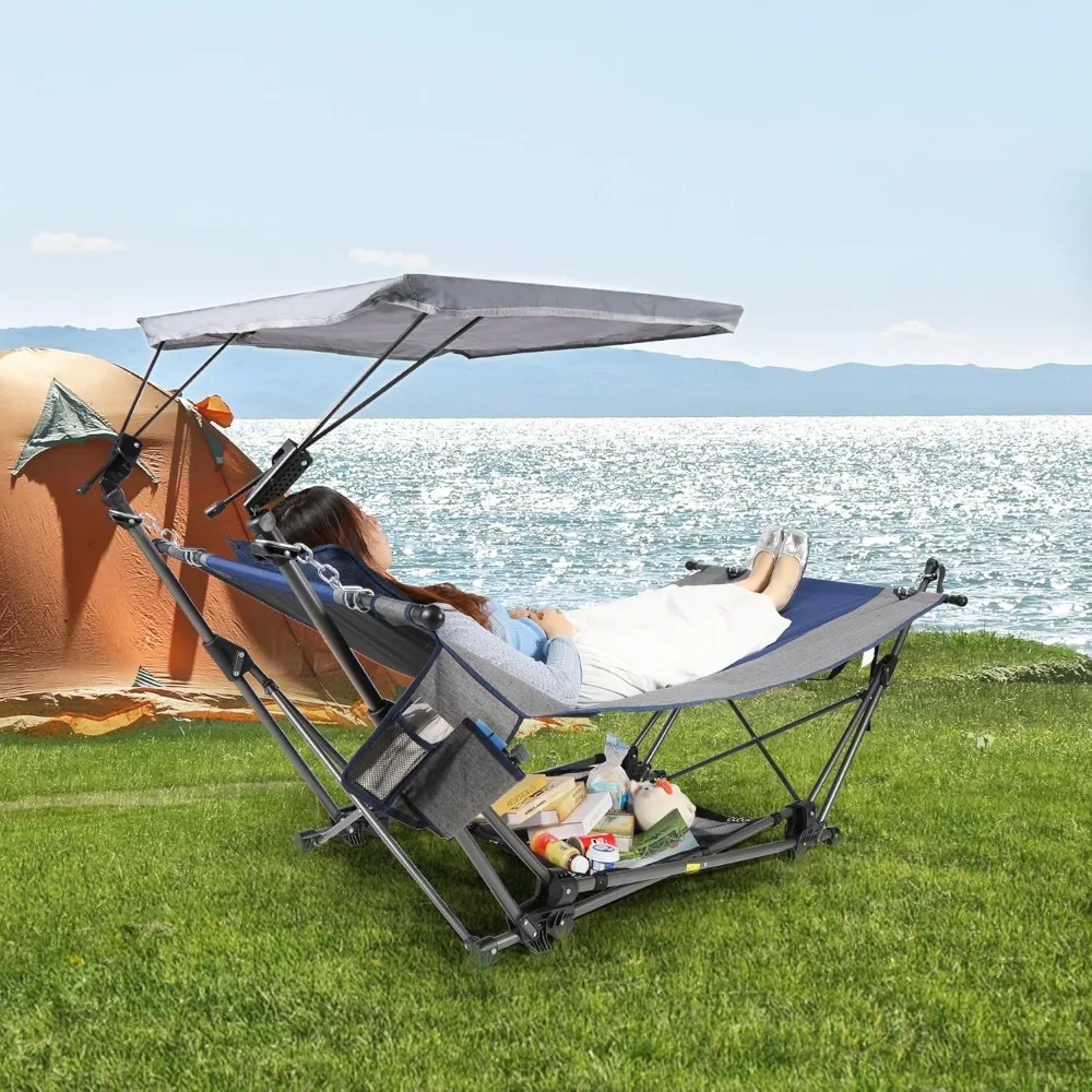 

Folding Hammock with Removable Canopy and Pillow, Freestanding Portable Hammock with Collapsible Stand for Outdoor Yard Beach