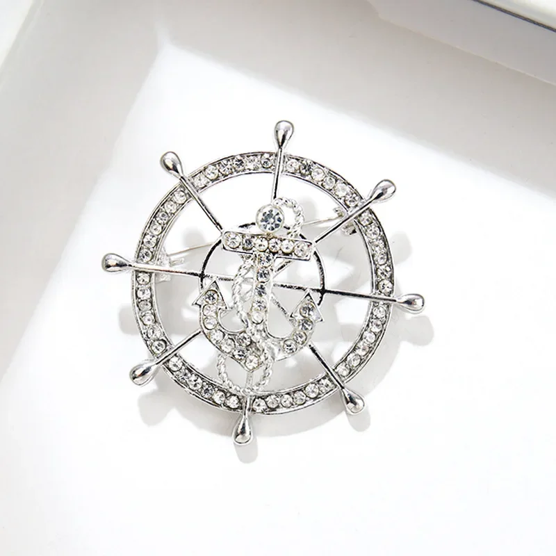 Exquisite Crystal Rudder Sailor Brooch Men\'s Trendy Business Suit Dress Pin Fashion Shirt Collar Badge