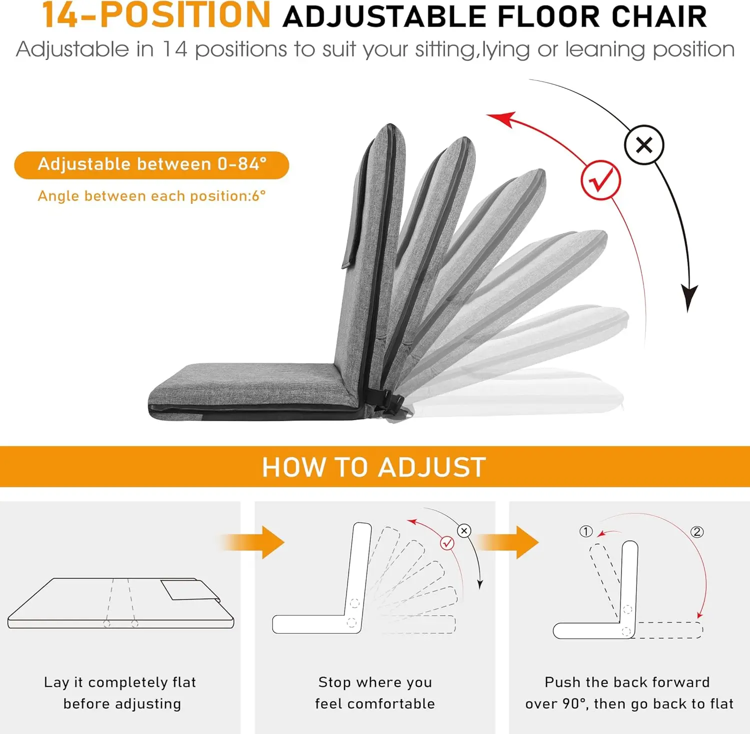 14-Position Adjustable Floor Chair with Back Support, Foldable & Portable for Adults Kids Meditation Yoga Gaming