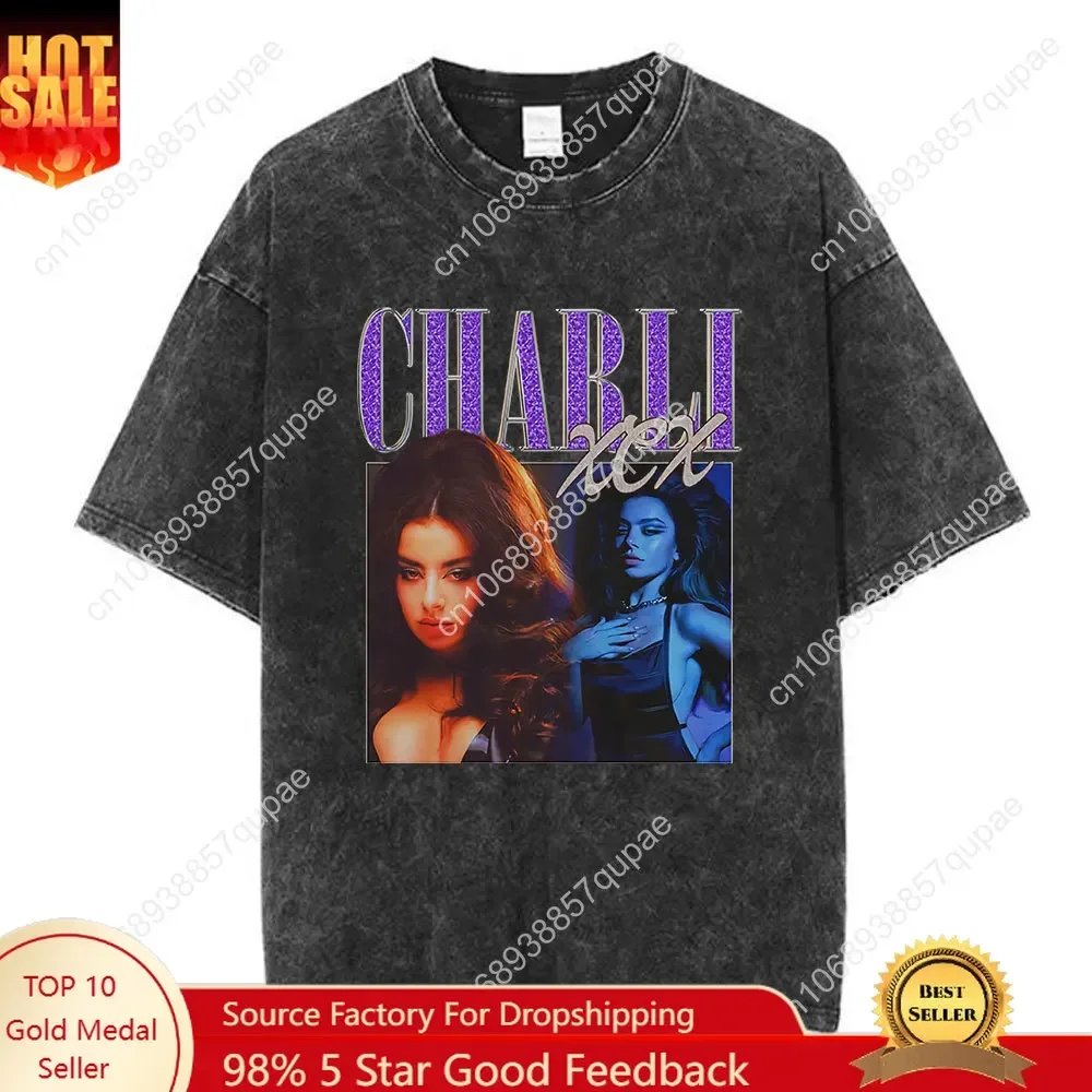 Charli Xcx Brat Tour Vintage Washed T Shirt Men's Women Clothing Fashion Harajuku T-shirt 100% Cotton Casual T-shirts Fans Gift