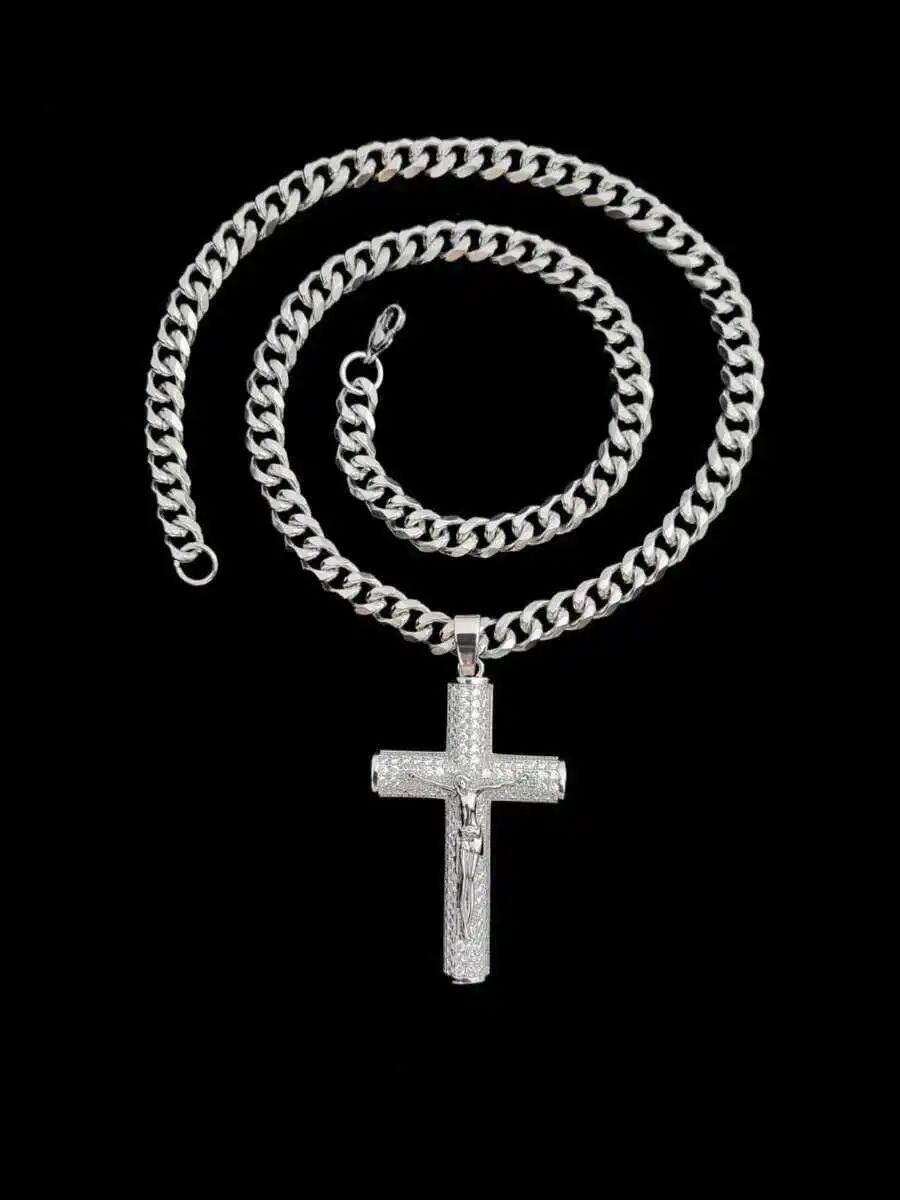 

Cubic Zirconia Jesus Cross Pendant With Stainless Steel Curb Chain For Men And Women