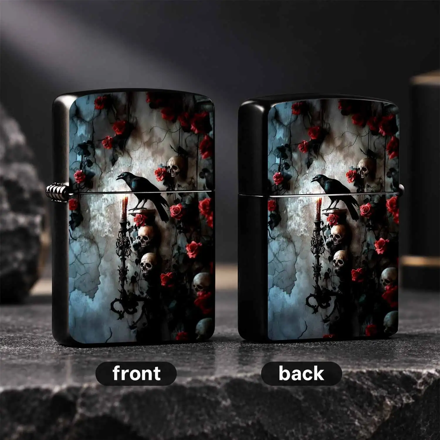 Gothic Crow Red Rose Pattern Lighter Vintage Cracked Wall Art Design Portable Stylish Accessory Unique Dark Aesthetic Present For Daily Multi-Scene Use Gifting For Gothic Style Lovers A Humorous And Interesting Lighter