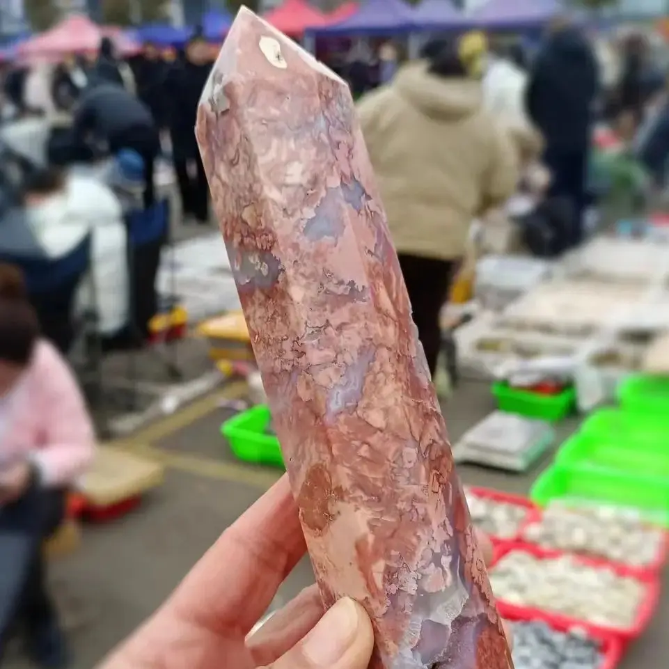 Natural Pink Agate Obelisk, Quartz Crystal Energy Ore Wand, Mineral Reiki Healing Stone, Degaussing Meditation Pillar