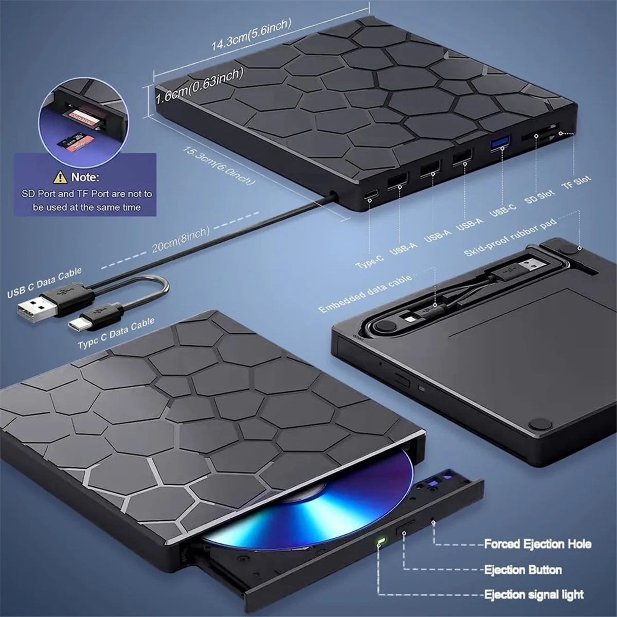 مشغل محرك أقراص CD/DVD خارجي A04RR، 7 في 1 USB 3.0 CD/DVD-ROM +/-RW CD Burner لأجهزة الكمبيوتر المحمول المكتبية Mac، Windows 11/10/8/7 Linux #2