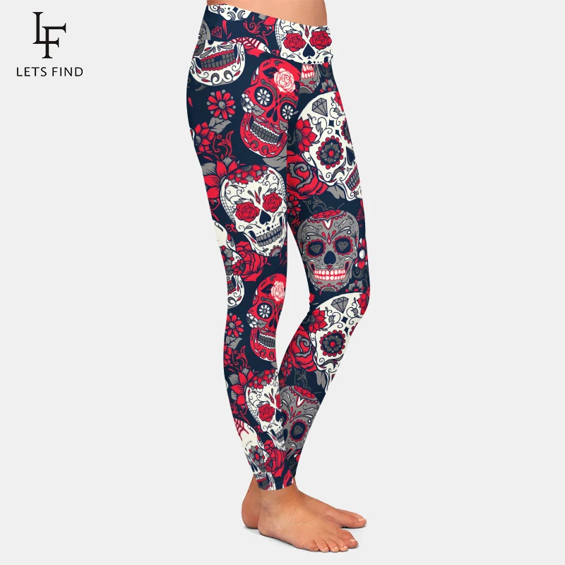 Legging noir imprimé tête de mort et fleur pour femme, pantalon décontracté, taille haute, offre spéciale