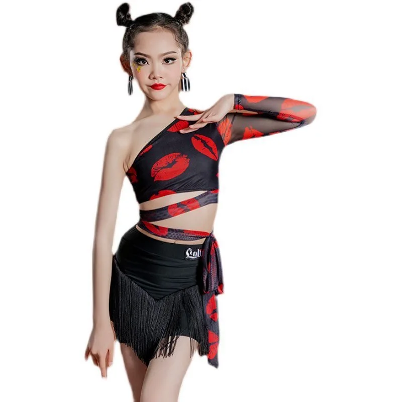 Fringe dress clothes for dancing Stage suit Red lips black latin dance clothes competition Latin dance costume Dancewear