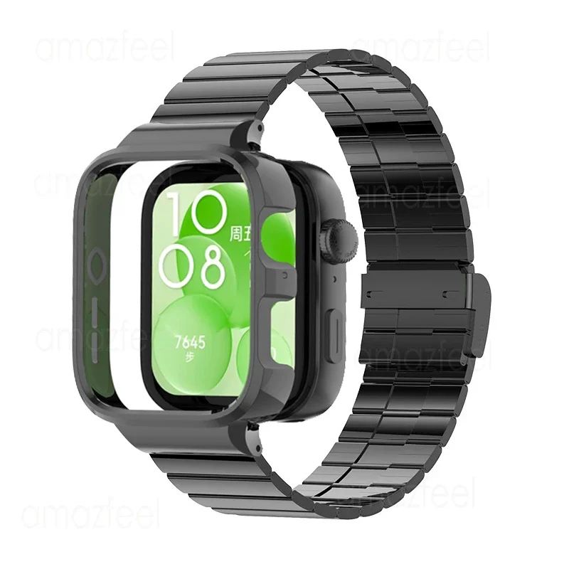 Pulseira de relógio de aço inoxidável, banda e estojo para Huawei Watch Fit3, pulseira de metal, capa protetora, pára-choques