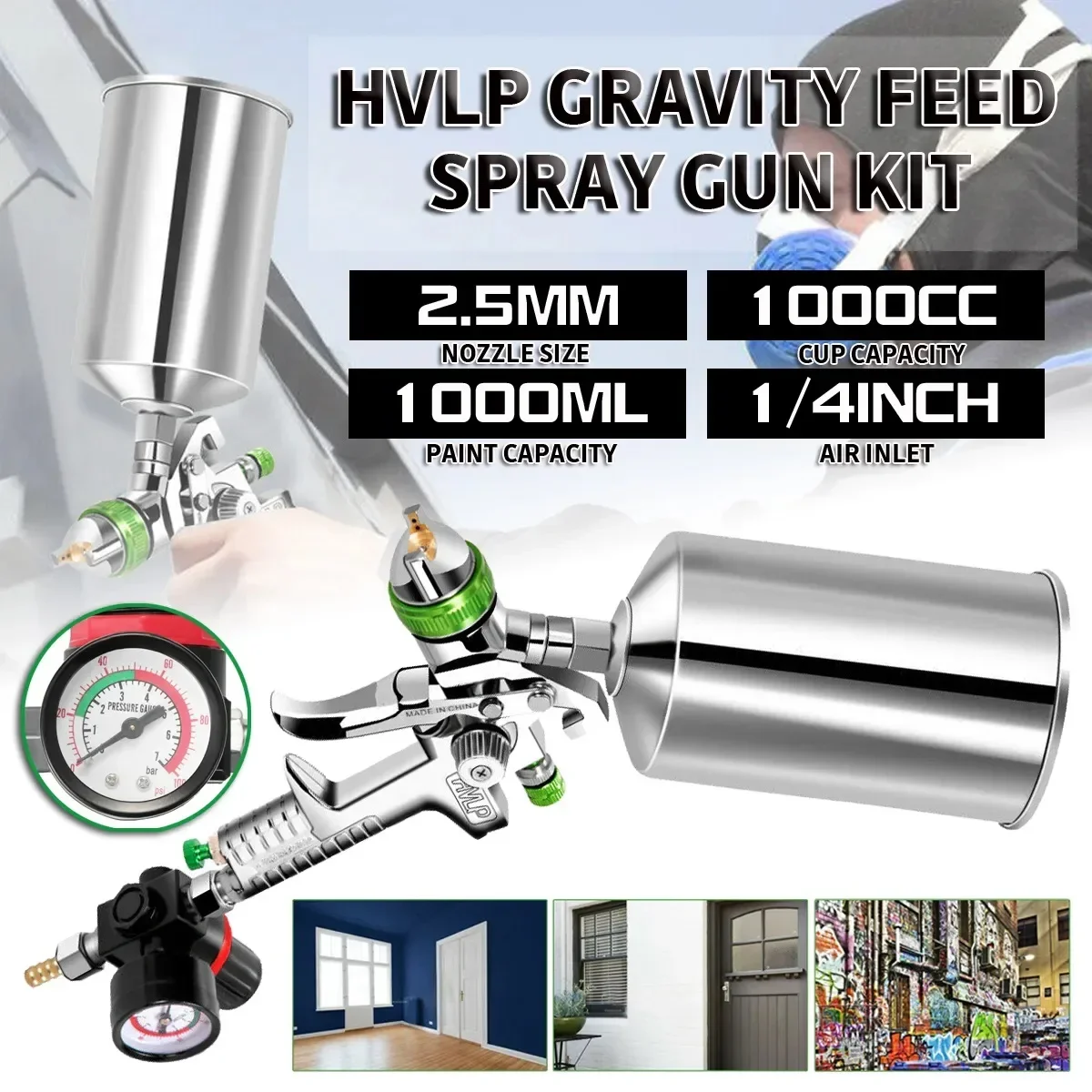 HVLP Spray Gun HVLP Gravity Feed SPRAY GUN Kit With Regulator Paint Primer Metal Flake 1L DIY Spray Paint Kit Professional