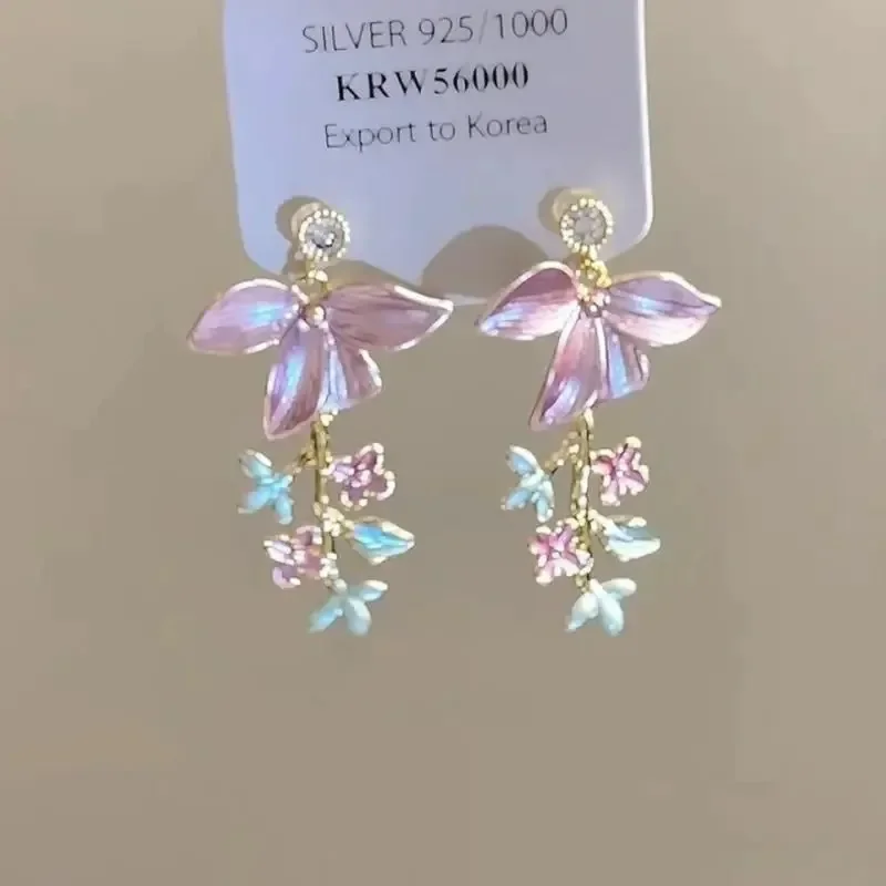

New Cute Pink Enamel Petals Earrings for Women Girls Sweet Zircon Flower Leaf Tassel Pendant Earring Party Fashion Jewelry Gifts