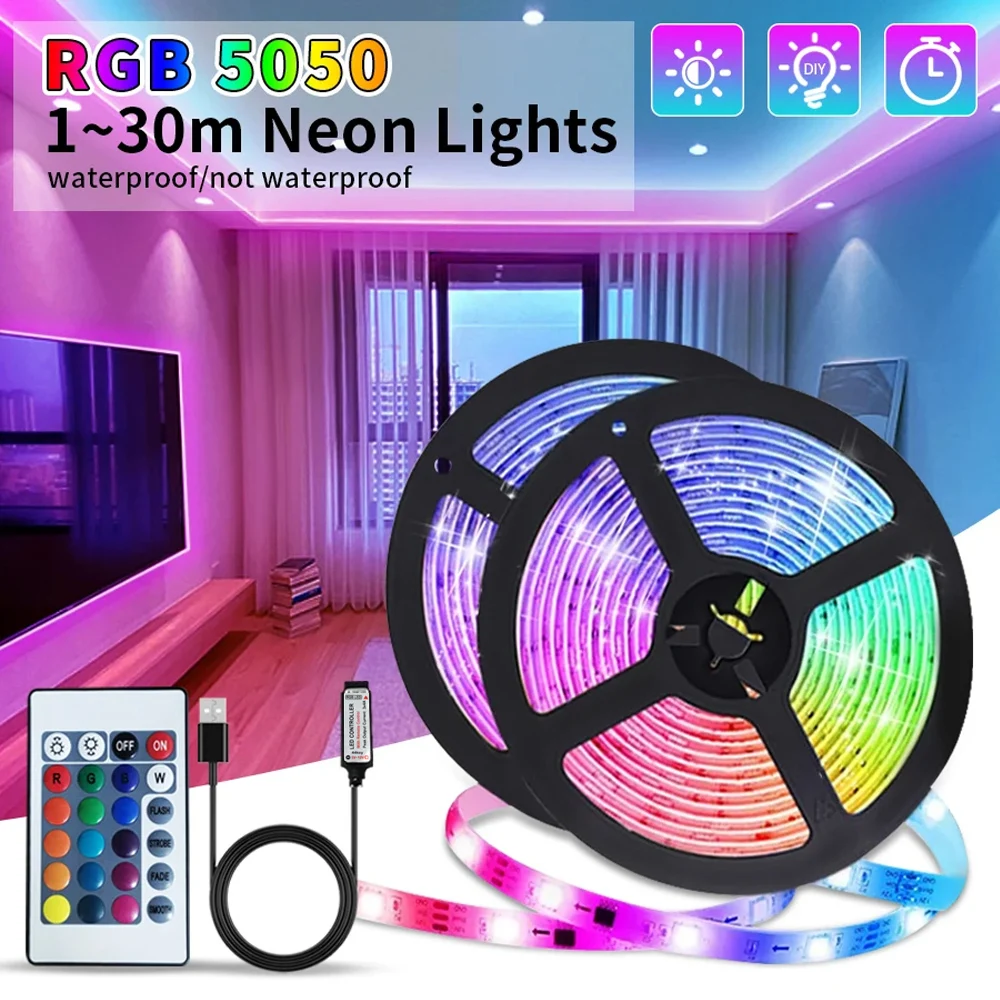 USB LED Strip Lights para decoração do quarto, fita flexível lâmpada, Bluetooth, TV Backlight, Natal, RGB, 5050, 44K, 5V