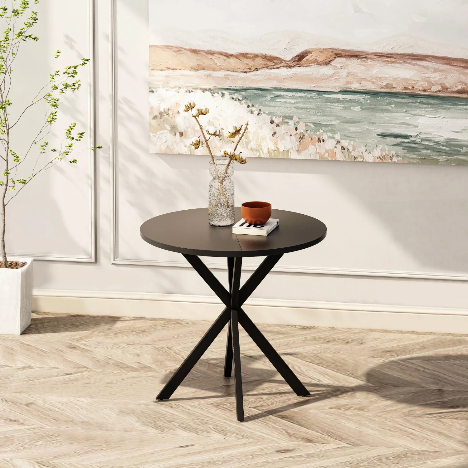 

31.5'' Modern Round Dining Table with Crossed Legs, Black Occasional Table, Two Piece Detachable Table Top, Matte Finish Iron Le