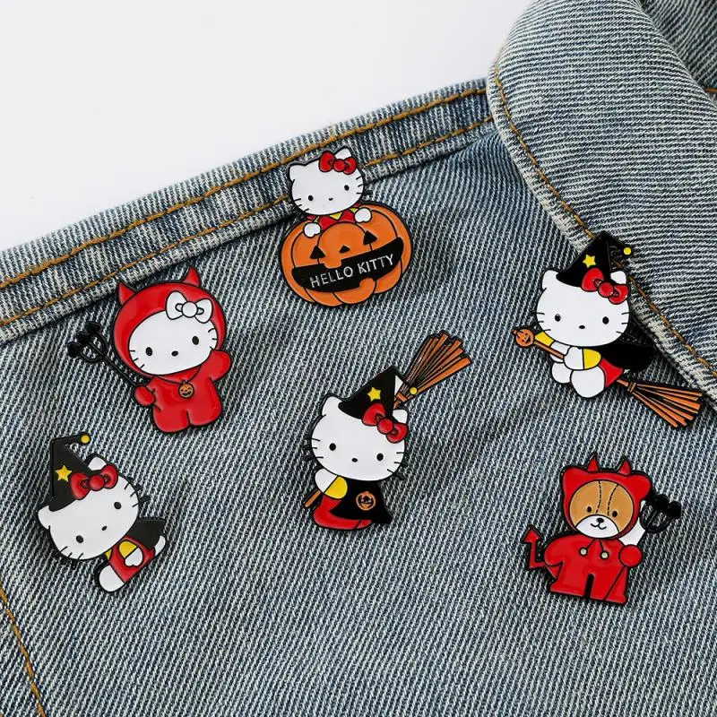 Kawaii Halloween Hello Kitty Brooch Sanrio Cartoon Anime Magician Pumpkin Kt Drip Oil Alloy Pin Clothing Accessories Badge Gifts