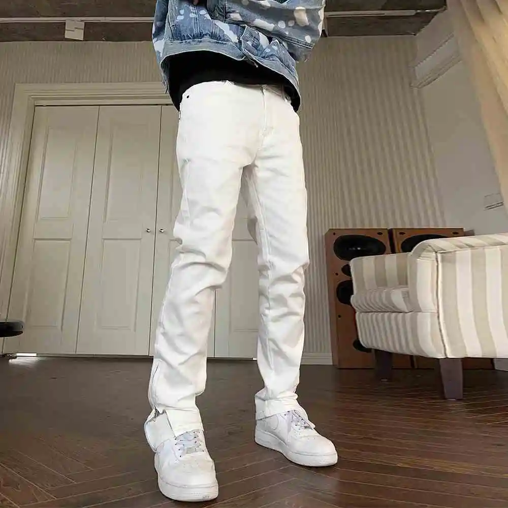 

Spring 2025 Slim-fitting Side Zipper Straight-leg Pants Streetwear White Denim Trousers for Men Work Cargo Pants Men Clothing