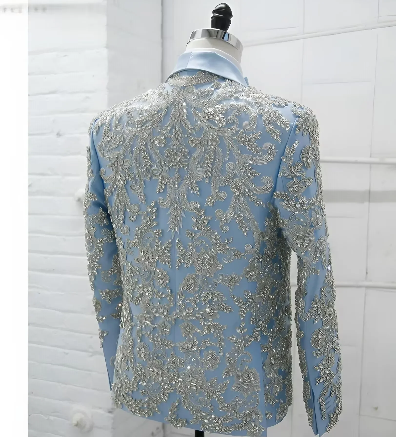 Light Blue Luxury Beading Crystal Men Suits 2 Piece New Fashion Business Casual Wear Party Wedding Groom Tuxedo Jacket And Pants