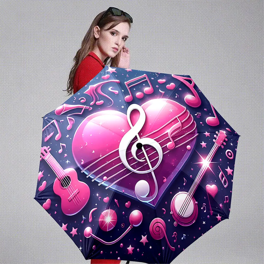 Pink Heart Musical Notes Instrument Print, Portable Folding Umbrella, Gift for Family Friends
