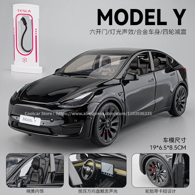 Alle 1:24 TESLA MODEL Y Model 3 met oplaadstapel Legering gegoten metalen speelgoedautomodel Geluid en licht Kindercollectibles Cadeau