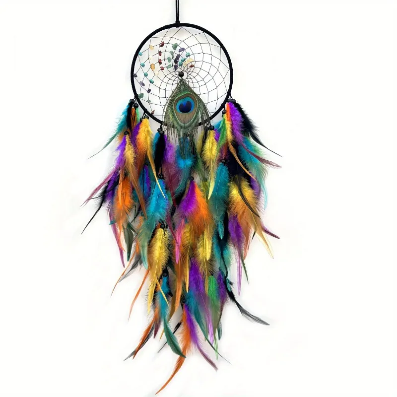 1pcs Rich and Colorful Peacock Feather Crystal Stone Dream Catcher Net, Minimalist Decorative Wall Decoration Pendant