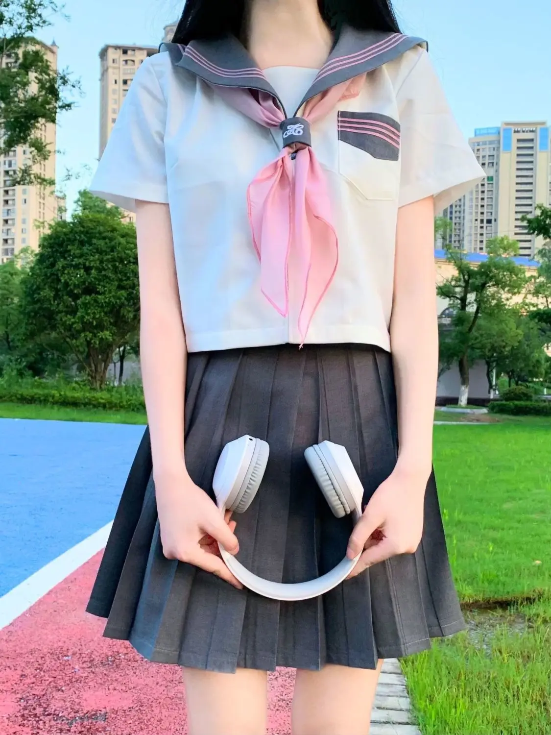 

Japan Basic JK Grey Collar pink Lines School Uniform Girl Sailor Suits Pleated Skirt Clothes Anime COS Costumes Women-B 2024 New