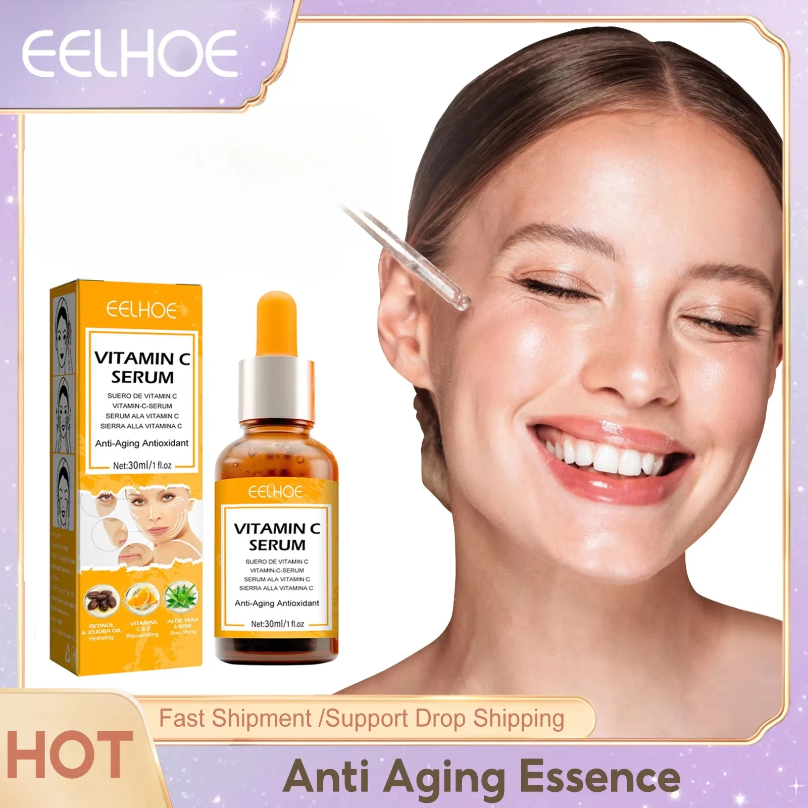 Soro da cara do Anti-enrugamento da vitamina C, remove pontos escuros, desvanece-se a pigmentação, melasma, aperta, hidrata, alvejante, essência ordinária