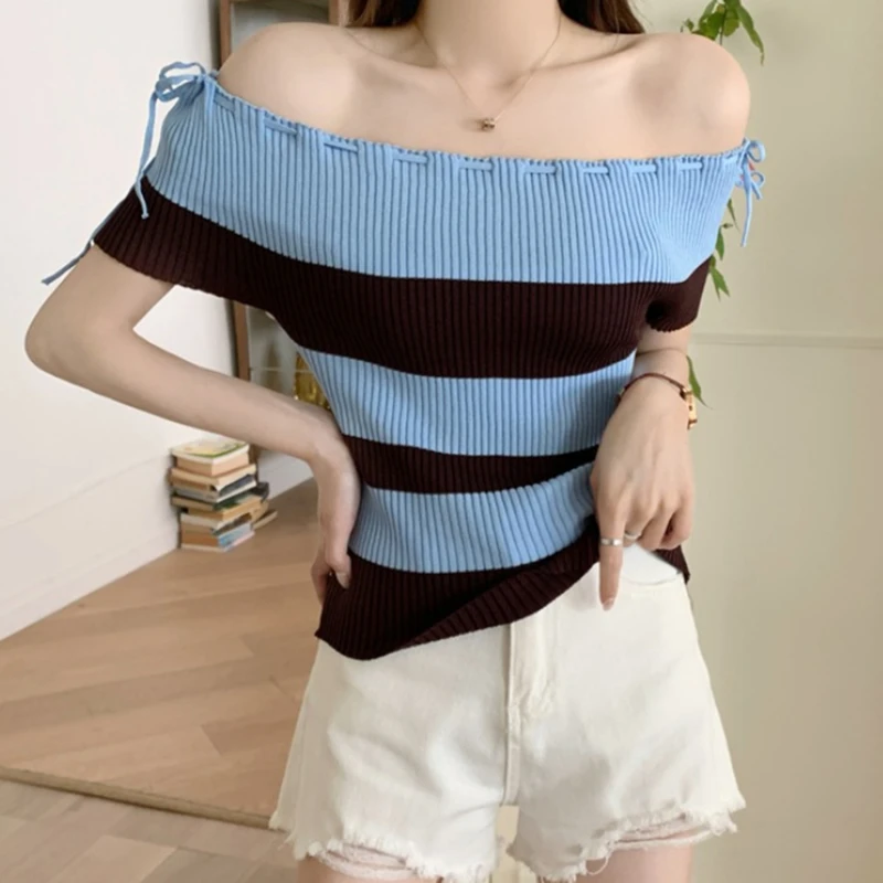 Striped One-shoulder Knit Short Sleeve T-shirt Women's Summer Y2K Slim Fit Tops Harajuku Shirt 2024 Tee Tshirts