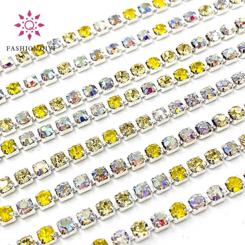Hot selling 5 yards Mixed rose/WhiteAB 2mm-3mm silver base glass rhinestones cup chain diy wedding dress clothing accessories