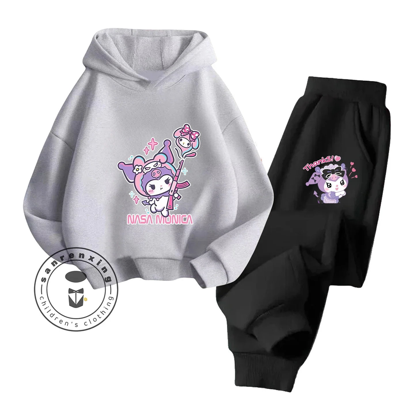 2D رائجة البيع Kuromi الكرتون مطبوعة هوديي مجموعة 2025 موضة للأطفال المراهقين بنين بنات عادية مع مطابقة فستان الخريف الشتاء ​