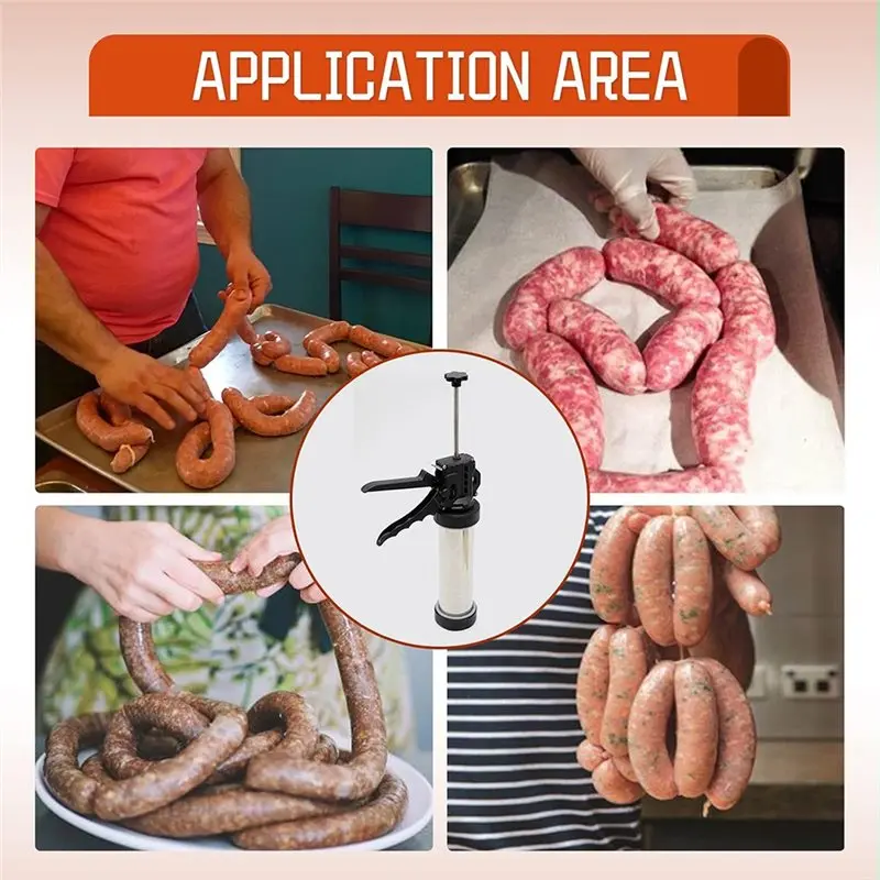 [NEW!AA73】 Meat Pusher& Cleaning Brushes Included, Hand-Held Sausage Stuffer Kit With 5 Nozzles- Sausage Maker For Home Use