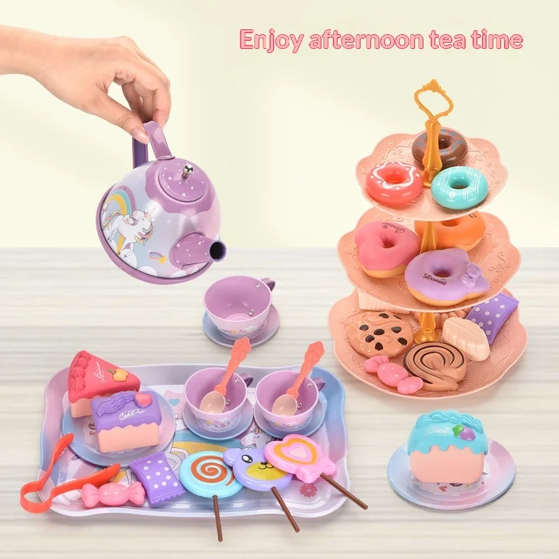 UnicornToy Girls Pretend Play Unicorn Themed Tea Set Realistic Dessert Cake Donut Afternoon Tea Party Portable Gift Box For Girl
