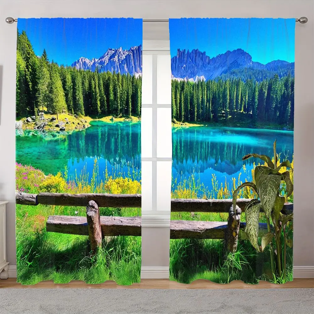 2pcs Mountain Lake Curtains Alpine Scenery Wood Fence Print Drape Living Room Bedroom Window Treatment Nature Landscape Home