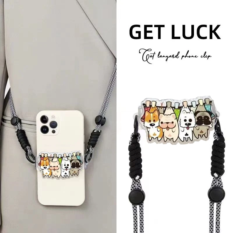 Cute Cartoon Cat Dog Mobile Phone Rope Shoulder Carrying Cross Body Strap Back Clip Hanging Adjustable Phone Lanyard Universal