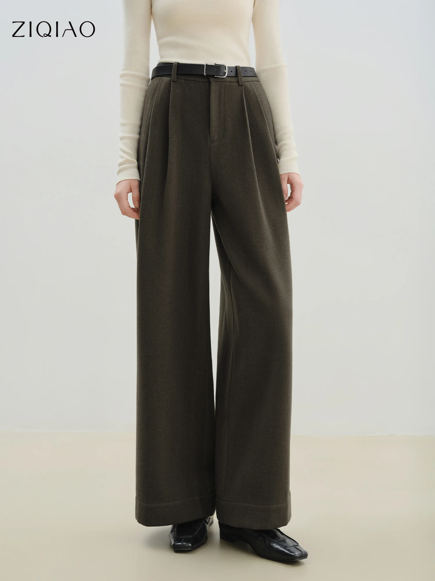 

ZIQIAO Women's Petite Double Inverted Pleats Thickened Olive Green Straight-Leg Herringbone New Winter 2025 Wide-Leg Pants