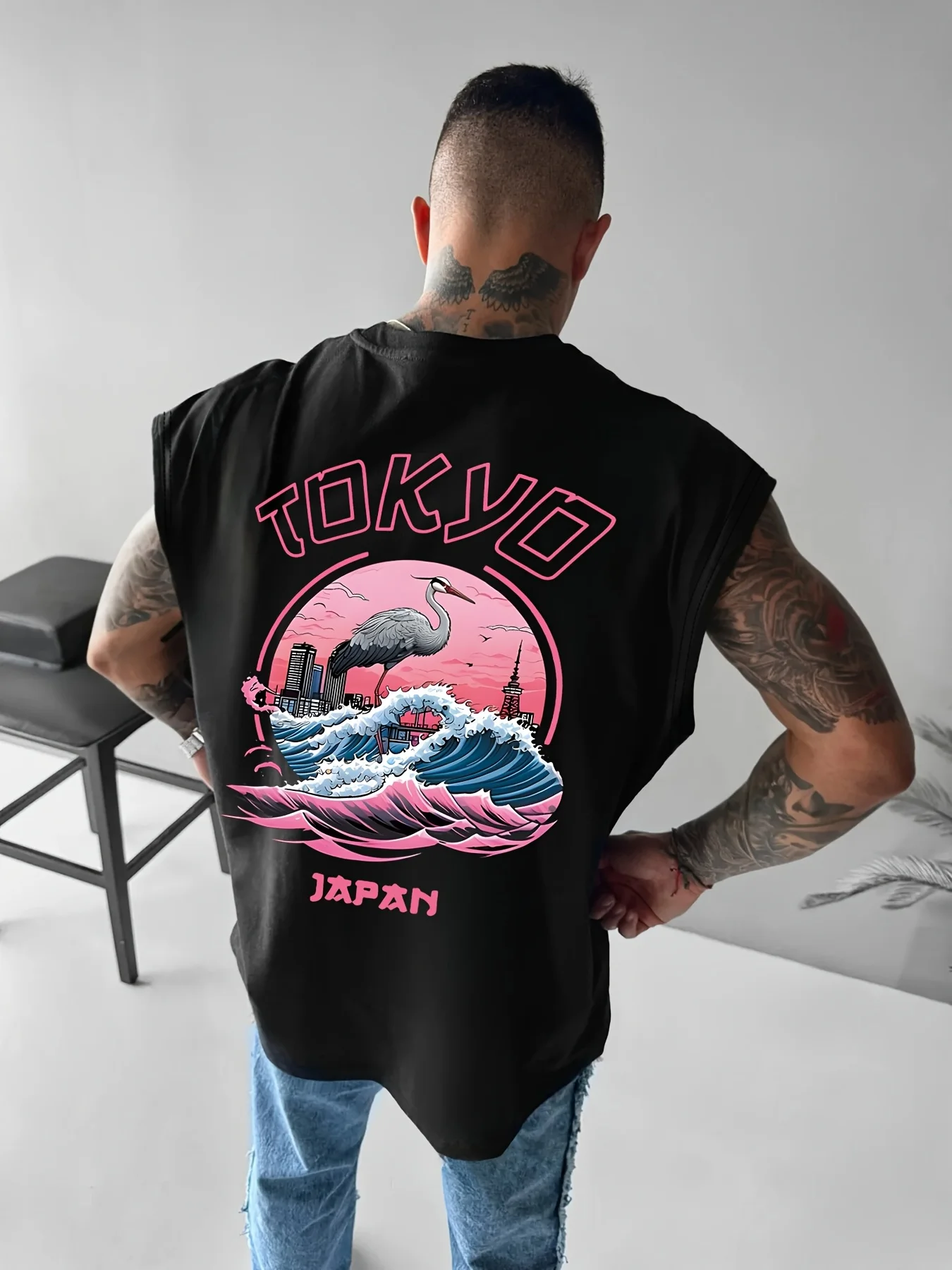 100% Pure Cotton Summer Men's Fashionable Casual Loose Pink Crane Pattern and Japanese Printed Fitness Sports Sleeveless Vest