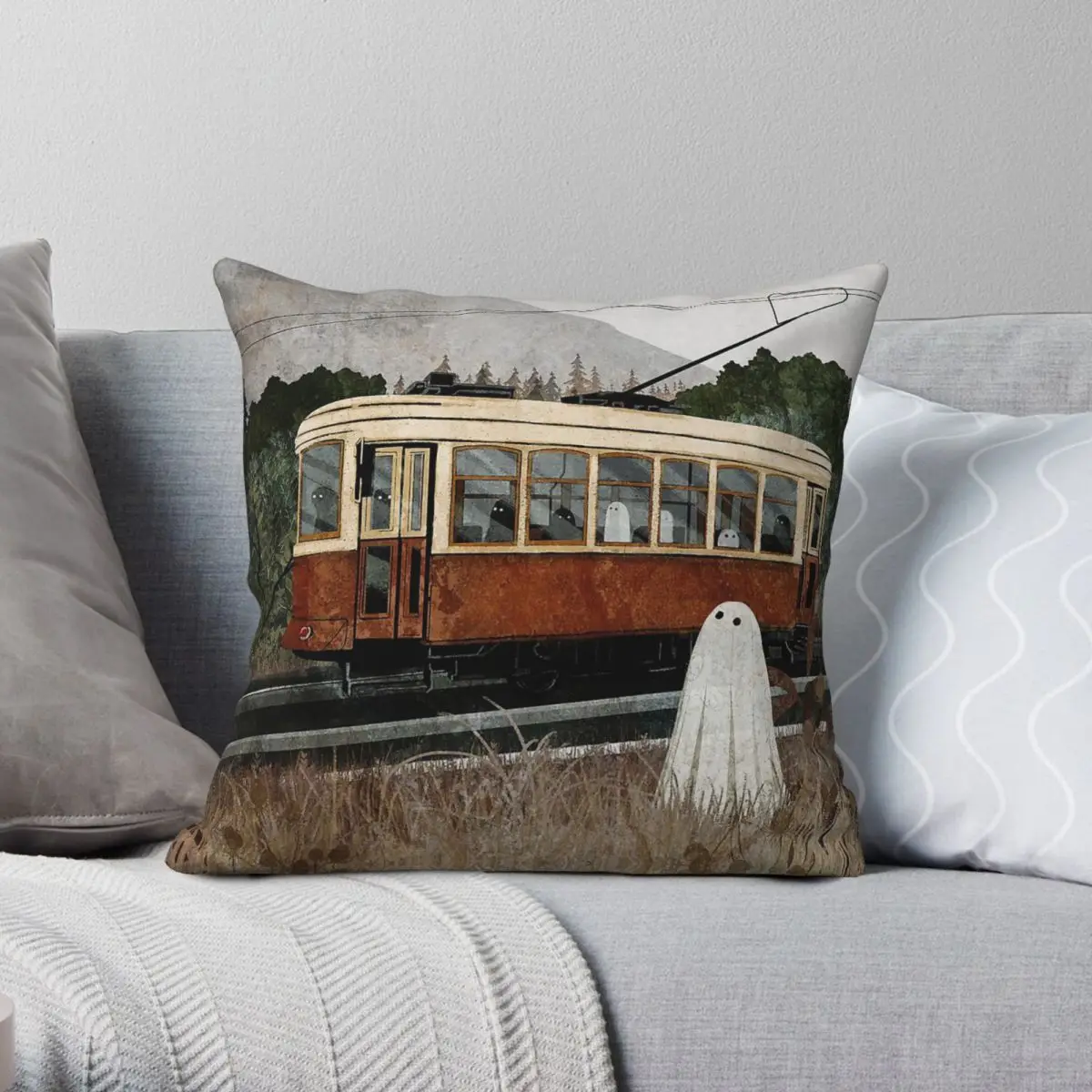 شبح الترام السفر ساحة المخدة البوليستر الكتان المخملية نمط البريدي ديكور وسادة السيارة القضية