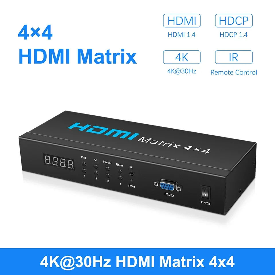 HDMI Matrix 4x4 4K@30Hz HDMI Matrix Switcher 4 In 4 Out Box with IR Remote Control