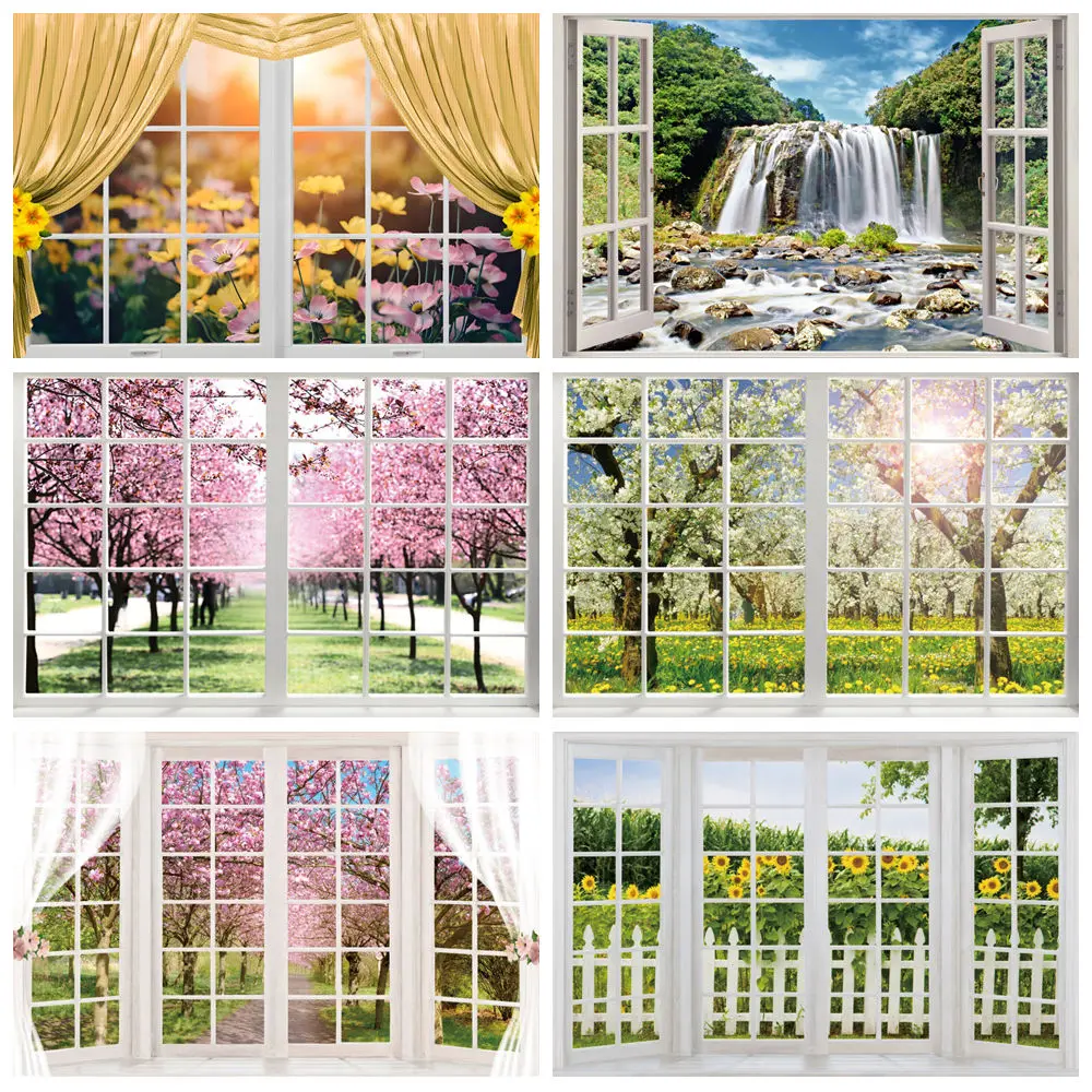 

Spring Window Scenery Photography Backdrop Flower Forest Sunshine Curtain Baby Adult Birthday Decor Background Photo Studio Prop