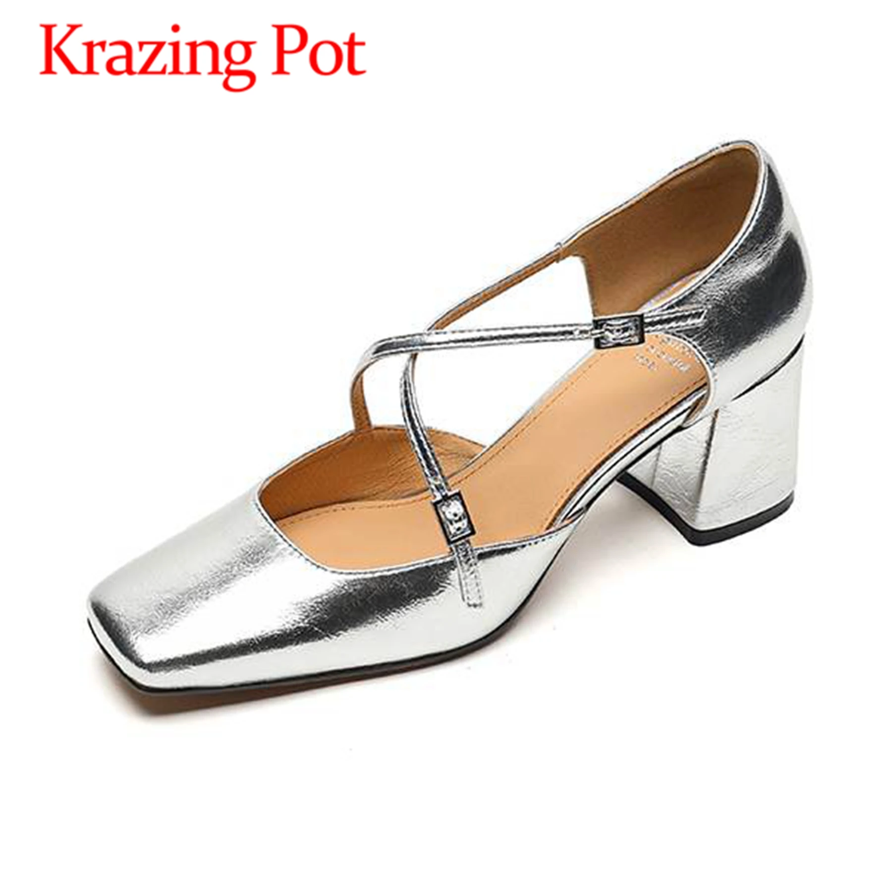 Krazing Pot Cow Leather Thick High Heels Summer Fashion Square Toe Mary Janes Concise Style Elegant Wedding Shallow Women Pumps