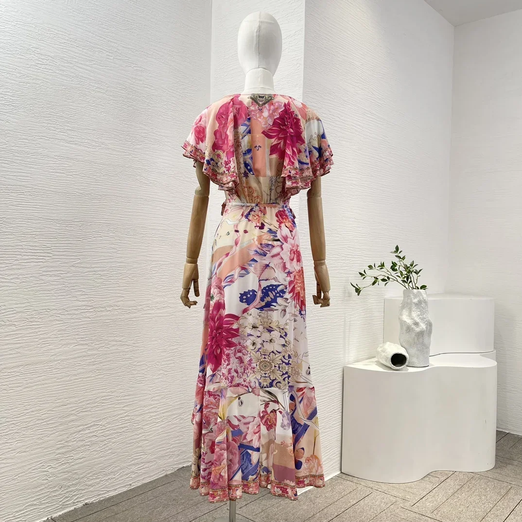 2024 New Women Rose Red Floral Print Short Sleeve Diamonds Pressed Deep V Neck Lrregular Hem Wrap Midi Dress High Quality