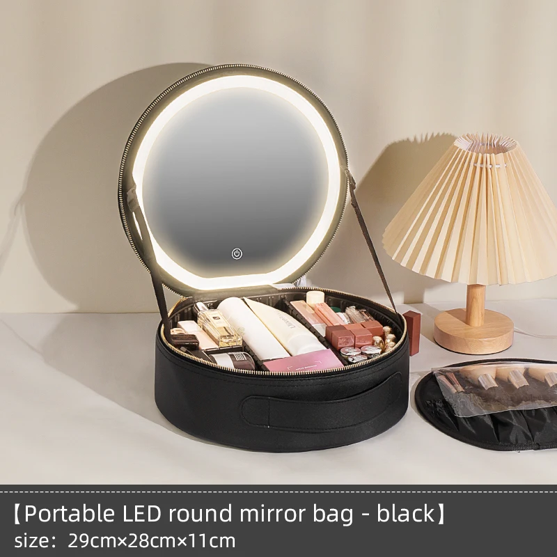 Travel Makeup Bag with Led Mirror Makeup Case with Lighted Mirror Cosmetic Organizer bag with Adjustable Dividers (round)