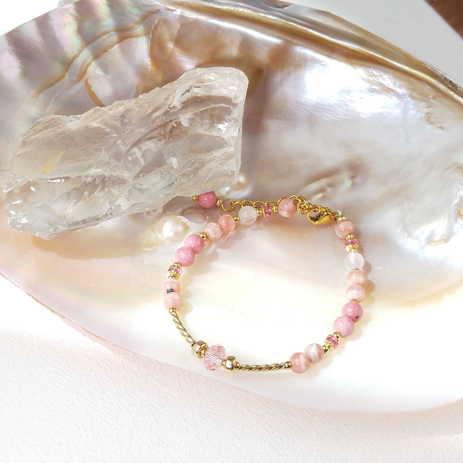 

Lii Ji Natural Mix Pink Stone 4mm Stainless Steel 14K Gold Filled Handmade Bracelet Fashion Jewelry