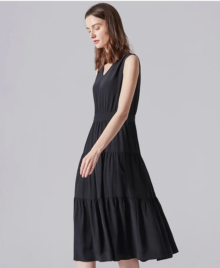 فستان نسائي عالي الخصر 100% فساتين حريرية حقيقية للنساء 2024 فستان أسود ميدي فستان صيفي نسائي عتيق Zjt2218