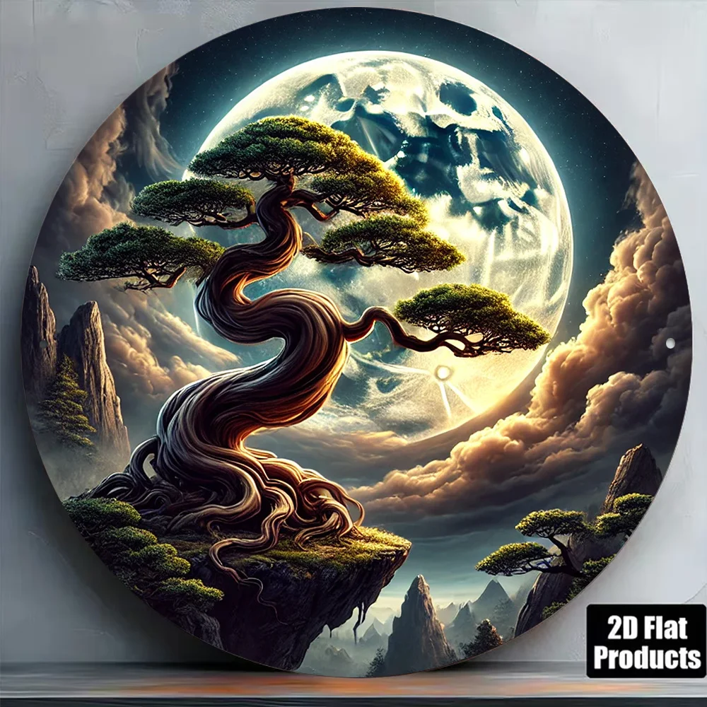 1pc 8in 2D Round Aluminum Sign Bonsai Moonlight Retro Oriental Decor Gift