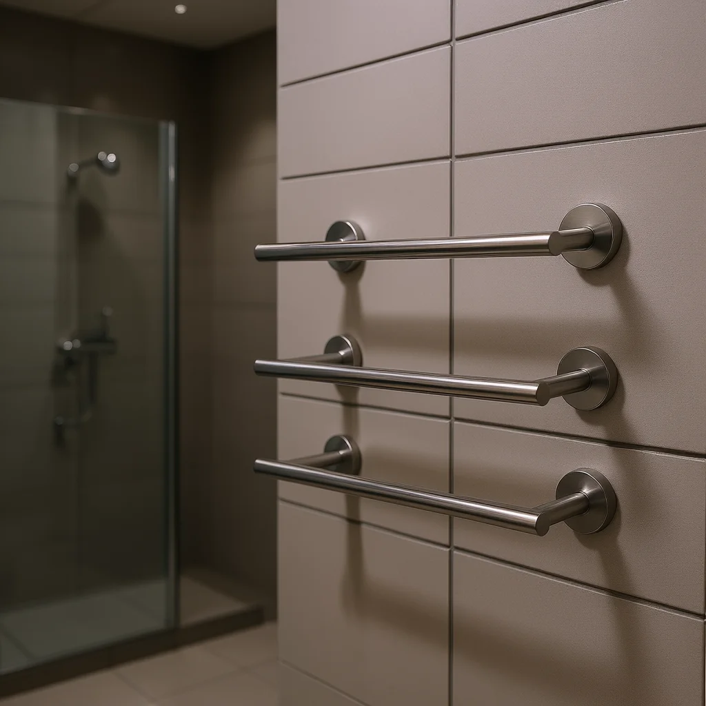 Wall-mounted stainless steel towel rack with 2 rods over 60 cm, simple bathroom design