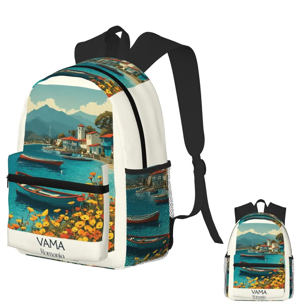 

Vama Veche Romania Poster Black Sea Bohemian Beach Art Student Backpack School Bag Hiking Travel Daypack Bookbag Shoulder Bags