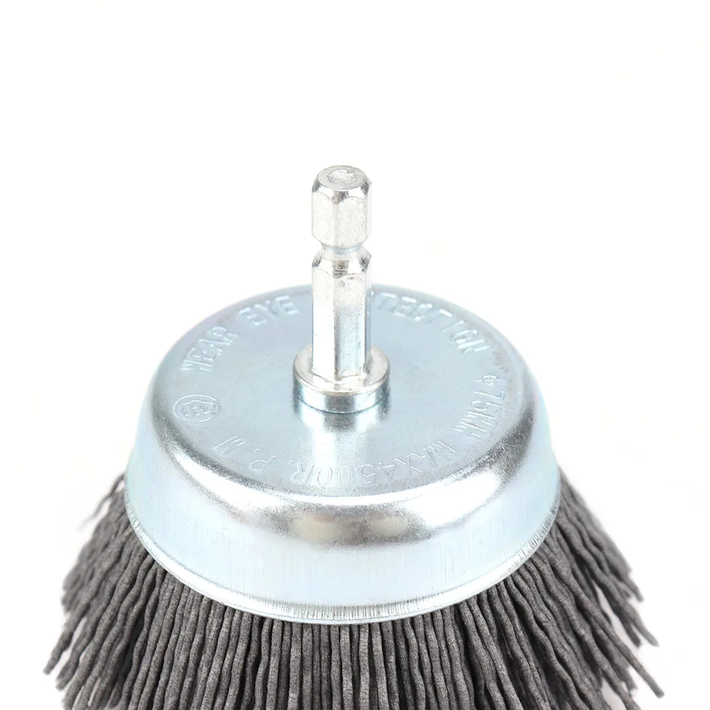 SIFANG 75mm Nylon Cup Brush Wood Polishing Wire Wheel Brush With Hexagonal Shank Abrasive Rust Removal Drill Rotary Tool Brush