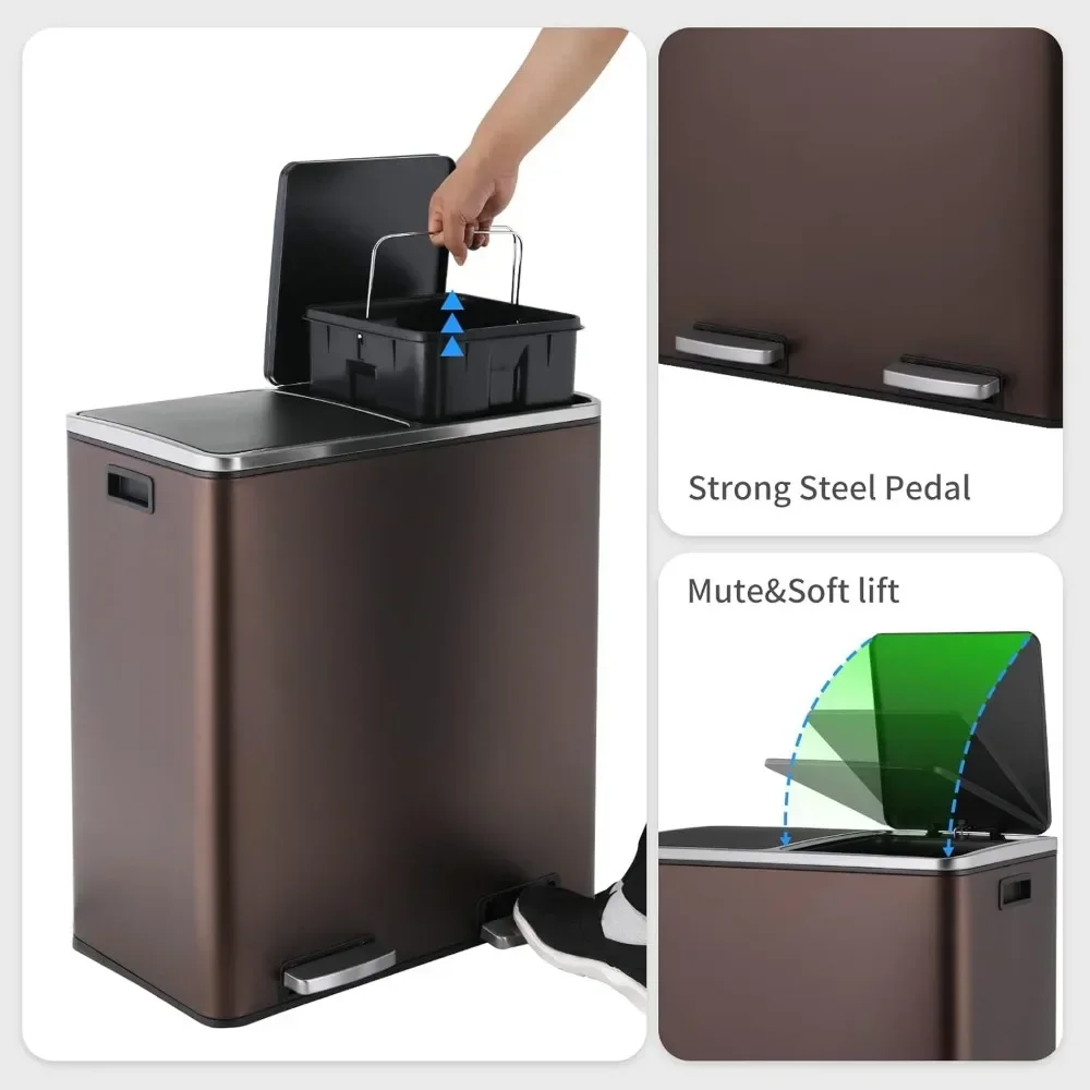 16 gallon stainless steel trash can, 60L double compartment, metal double trash can, household trash canwithdetachableinnerliner