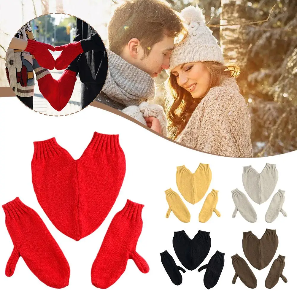 Love Knitted Gloves with Hand Holding Design, Dedo cheio, Grosso, Ao ar livre, Ciclismo, Esqui, Manter Quente, Casal, Inverno