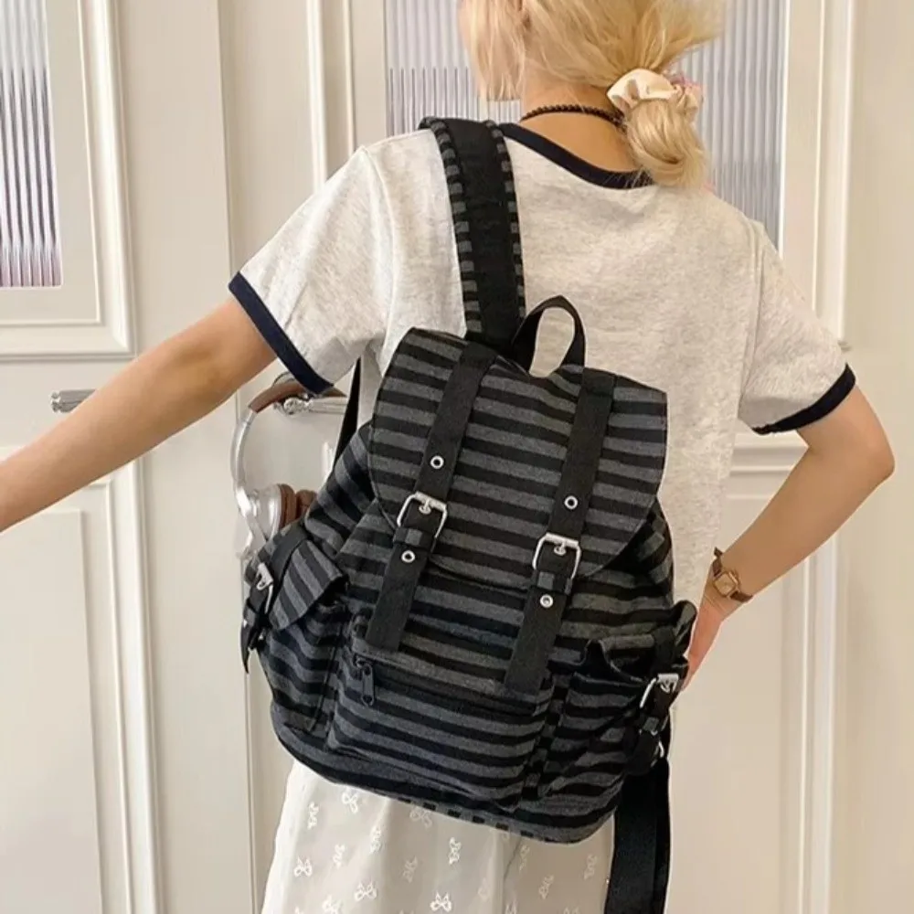 Casual Large Capacity Striped Backpack Y2K Korean Style Students Schoolbag Multi-pocket Cloth Hiking Camping Bag Students